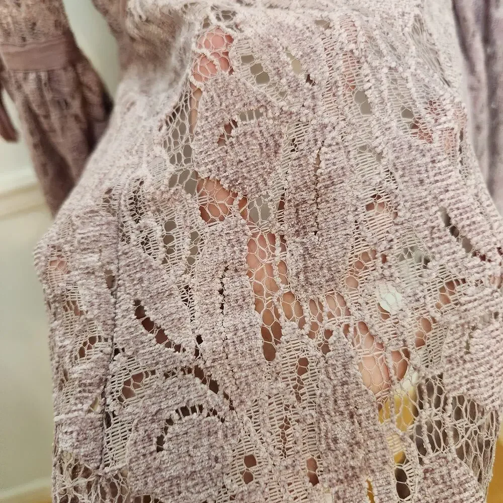 Free People Dress XS Womens Mini Crochet Lace Sheer Mauve Purple Boho Coquette